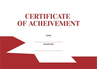 Certificate of achievement text in red, space for name and signature, with red shapes on white