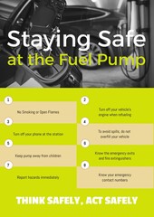 Staying safe at the fuel pump, act safely text with list and hybrid car at charging point