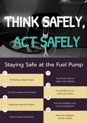 Thani safely, act safely, staying safe at the fuel pump text and hybrid car at charging point