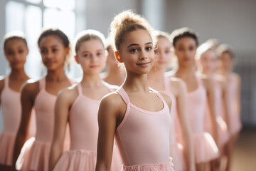 African american adorable little ballerina, with other girls practicing ballet in studio, girls in...