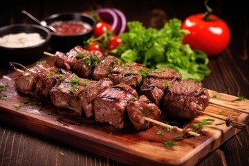 lamb kebabs on skewers resting on a board, sprinkled with herbs