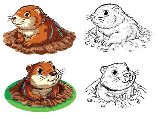 Groundhog hand draw full color and Black and white line art semi cartoon style illustration for concept Groundhog day and decorate greeting card.