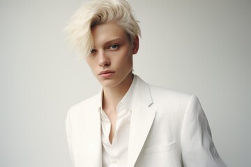 Beautiful Fictional Short Hair Caucasian Model Wearing Stylish and Elegant White Suit. Generative AI. 