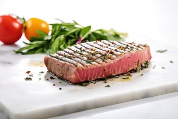 freshly grilled tuna steak on a white marble countertop