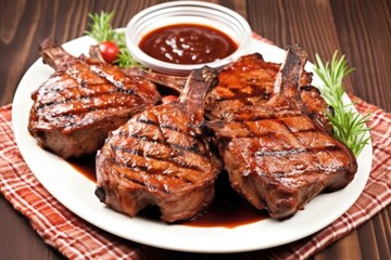 grilled veal chops coated with a tangy barbecue sauce on plate