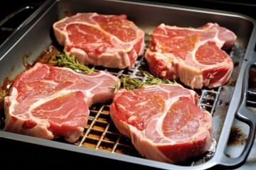 Fototapeta premium veal chops in a grill pan, fresh off the heat