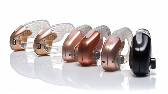 Hearing aids in a row isolated on white background. Deaf ear aid