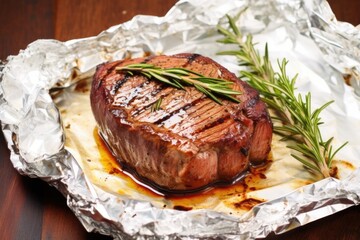 grilled steak placed on foil paper for cooling