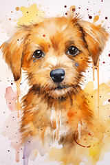 Puppy watercolor background. Cute adorable puppy card