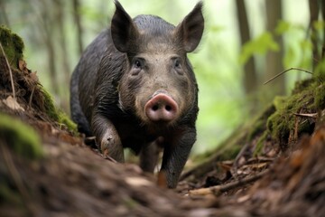 a wild boar rummaging through a forest