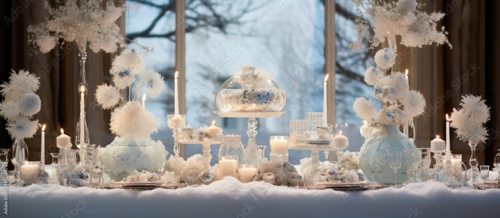 Poster At the luxurious wedding reception, the white tablecloth adorned the table in the grand restaurant, reflecting the interior's elegant ambiance. The celebratory event overflowed with delicious food