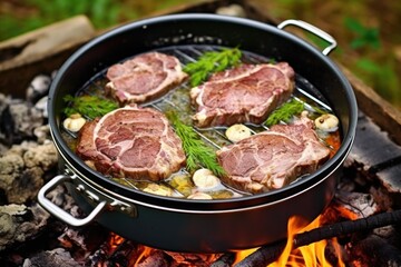 lamb chops cooking in a dutch oven with a meat thermometer