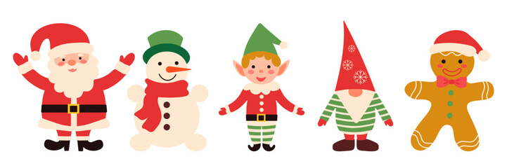Christmas set with Snowman, Santa Claus, elf, gnome, gingerbread man character