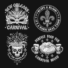 Carnival Mardi Gras labels with mask, skull, holiday food, Fleur de Lis sign, text Vintage illustrations on black background. For prints, clothing, t shirt, holiday goods, stuff, surface design