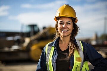 A beautiful woman worker wearing a hat to prevent accidents, standing with her arms crossed, confident in the construction contract, housework	 - obrazy, fototapety, plakaty