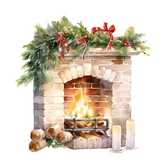 Watercolor Christmas fireplace isolated. Home fire place with gifts, candles, firs - 682165932