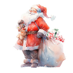Watercolor Funny cartoon Santa Claus with huge bag with presents - 682166170