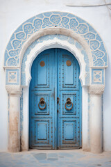 Fototapeta na wymiar Blue aged wooden door with arch and oriental ornament. Culture and architecture of oriental country. Vertical photo