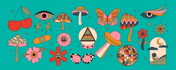 Gordijnen Set of 70s groovy elements. Mushrooms, sun, flower, lips, eyes, sunglasses and etc. Sticker pack in Hippie 60s, 70s style. Vector illustration © Анна Орлова