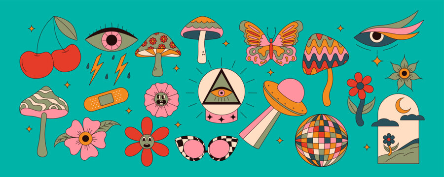 Set of 70s groovy elements. Mushrooms, sun, flower, lips, eyes, sunglasses and etc. Sticker pack in Hippie 60s, 70s style. Vector illustration