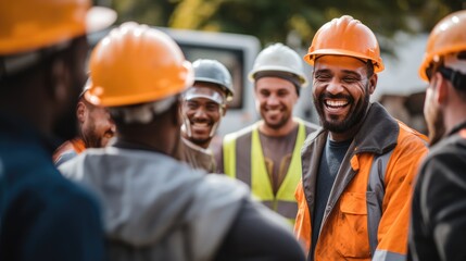 A group of happy construction workers in safety helmets and high-visibility jackets sharing a light moment on the job site.Ai generated