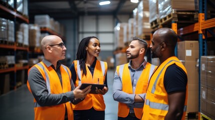 
Diverse warehouse team with a forklift operator discussing logistics and workflow in a large industrial storage facility. Ai generated - obrazy, fototapety, plakaty