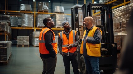 Fototapeta na wymiar Diverse warehouse team with a forklift operator discussing logistics and workflow in a large industrial storage facility. Ai generated