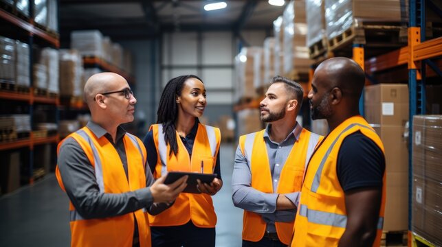 
Diverse warehouse team with a forklift operator discussing logistics and workflow in a large industrial storage facility. Ai generated
