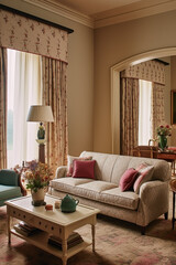 Fototapeta premium Elegant country lounge room decor, interior design and house improvement, living room furniture, sofa and home decor, countryside cottage style, generative ai