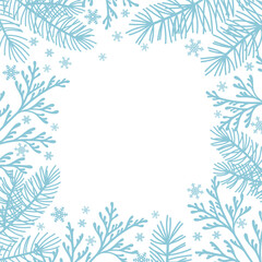 Blue Christmas frame with fir, pine branches and snowflakes. Isolated vector illustration