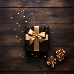 Elegant gifts with wooden background. Black and gold glitter Christmas gifts.
