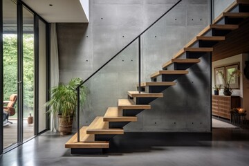 concrete staircase in modern tudor extension - obrazy, fototapety, plakaty