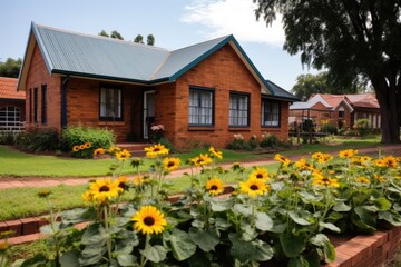 Fototapeta na wymiar sunflower garden in front of a brick cottage
