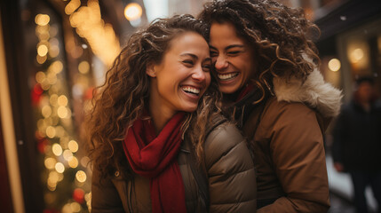 Fototapeta premium Close up portrait of two young women laughing while walking in the street