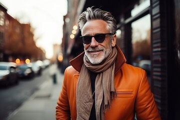 Fototapeta premium Portrait of a handsome smiling, happy and pleased man with positive vibes. Human person dressed in fashionable, colorful and fun clothes. Generative AI, AI