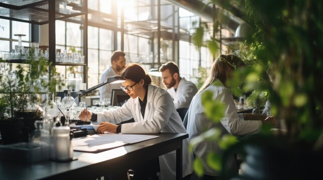 Focused scientists collaborating on research in a laboratory setting, examining data and discussing findings with concentration and teamwork. Ai generated
