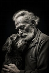 Senior man embraces his old dog, love and trust, loyalty, true friendship