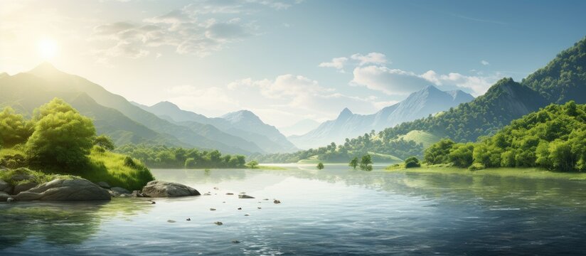 In the background, a serene landscape unfolds, with lush green mountains towering over a dense forest, while the sparkling water of the sea glistens under the warm summer sun, creating a breathtaking