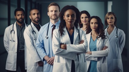 Team of confident healthcare professionals in white lab coats with stethoscopes, standing together, portraying trust and expertise in the medical field. Ai generatd