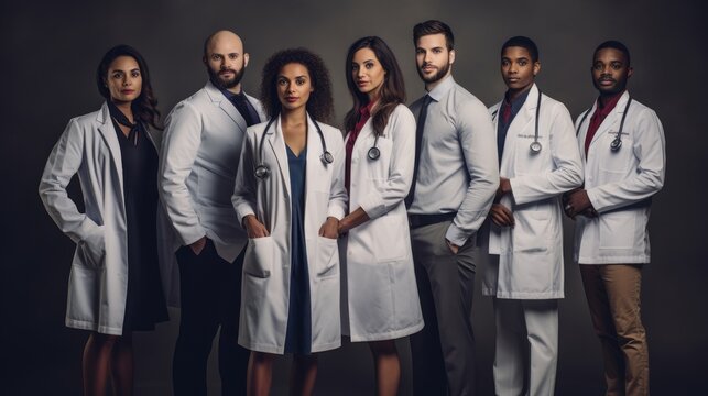 Team of confident healthcare professionals in white lab coats with stethoscopes, standing together, portraying trust and expertise in the medical field. Ai generatd