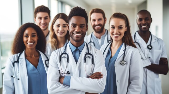 Team of confident healthcare professionals in white lab coats with stethoscopes, standing together, portraying trust and expertise in the medical field. Ai generatd