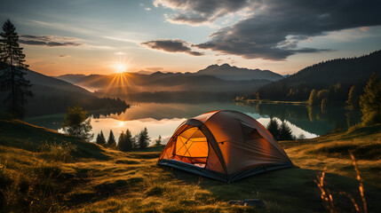 camping in the mountains at sunset - obrazy, fototapety, plakaty