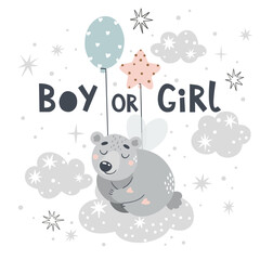 Obraz premium Boy or girl. Vector illustration with a cute fairytale bear for a gender party. Suitable for printing posters, stickers, cards and more.