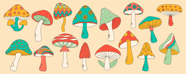 Set of vintage groovy mushrooms in 70s groovy style. Vector illustration
