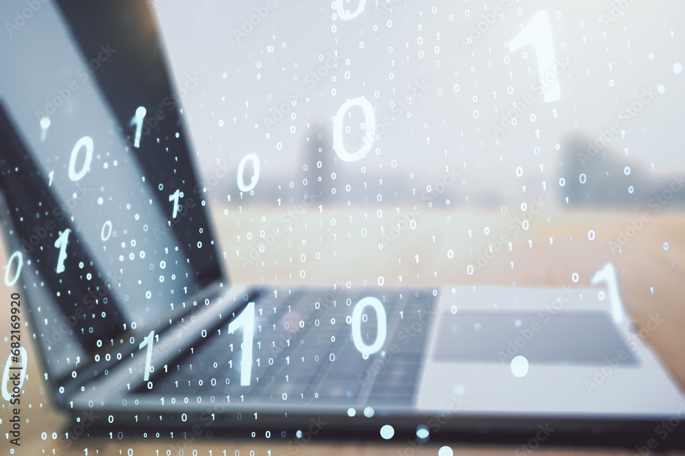 Fototapete double exposure of creative abstract binary code hologram on laptop background. database and program