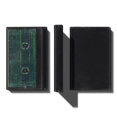 Compact music green cassette tape in case, in vintage retro Y2K 80’s, 90’s style, isolated and...