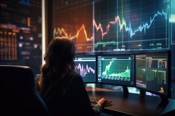 Finance Manager Analyzing Stock Market Indicators In Futuristic Style