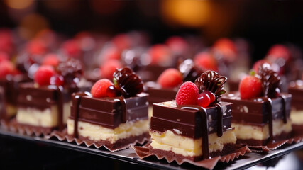 Chocolate cakes with strawberries and raspberries on a black background