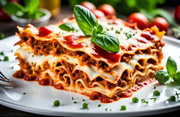 Traditional italian lasagna made with minced beef bolognese sauce