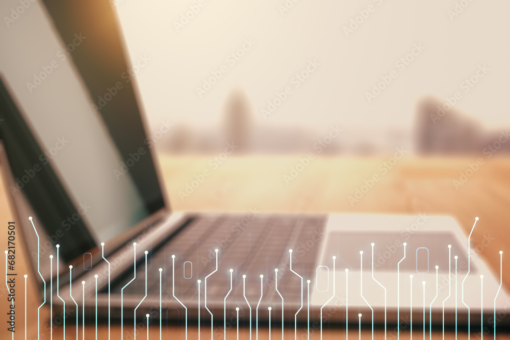 Poster creative abstract micro circuit sketch on modern laptop background, future technology and ai concept